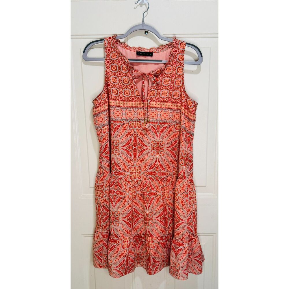 Sanctuary Coral Paisley Sleeveless Tiered Dress Tie Neck Boho  0053